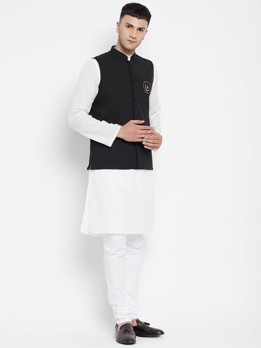 Even Apparels Black Pure Cotton Nehru Jacket With Eid Insignia PW668 - Distacart