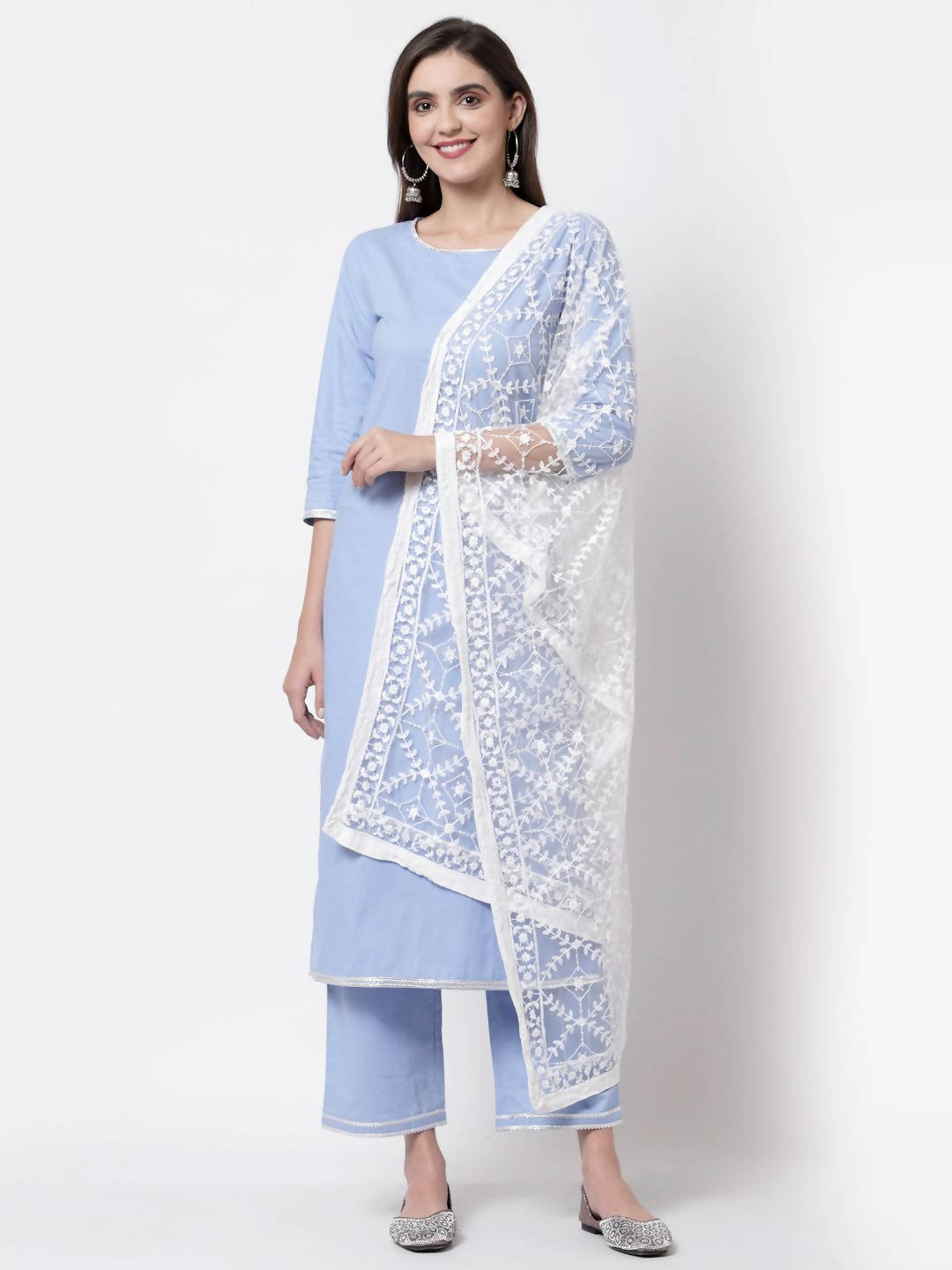 Myshka Blue Cotton 3/4 Sleeve Round Neck Solid Casual Kurta Pant Dupatta Set