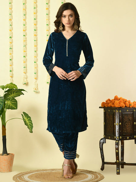 Myshka Women's Teal Velvet Kurta With Trousers Party Sets