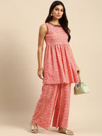 All About You Women Peach Pin & White Bandhani Print Pleated Sequinned Kurti with Palazzos