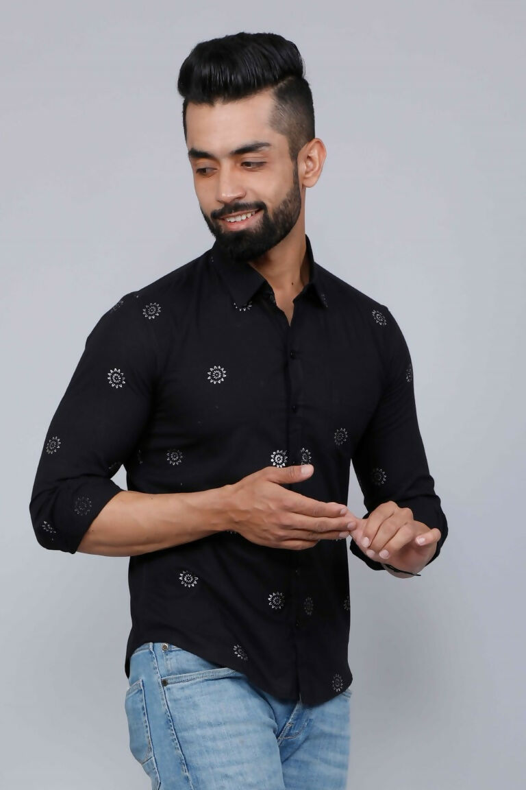 Miravan Men's Black Pure Cotton Floral Print Casual Shirt