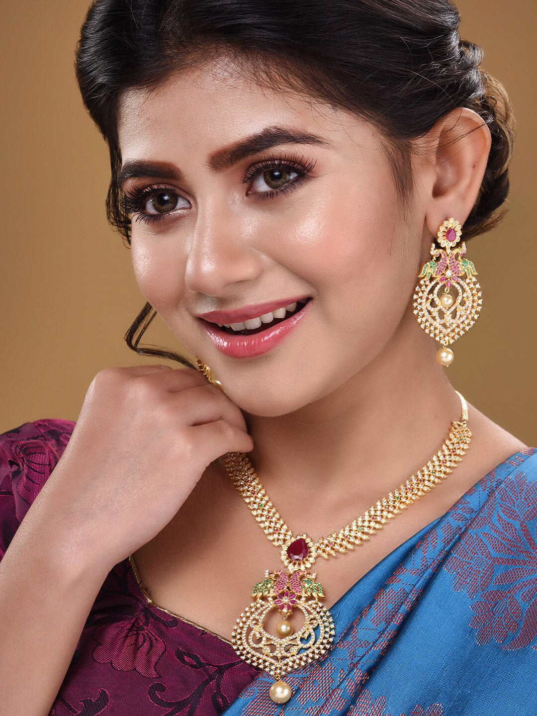 Saraf RS Jewellery Gold-Plated Green & Pink American Diamond Studded & Beaded Handcrafted Jewellery Set - Distacart