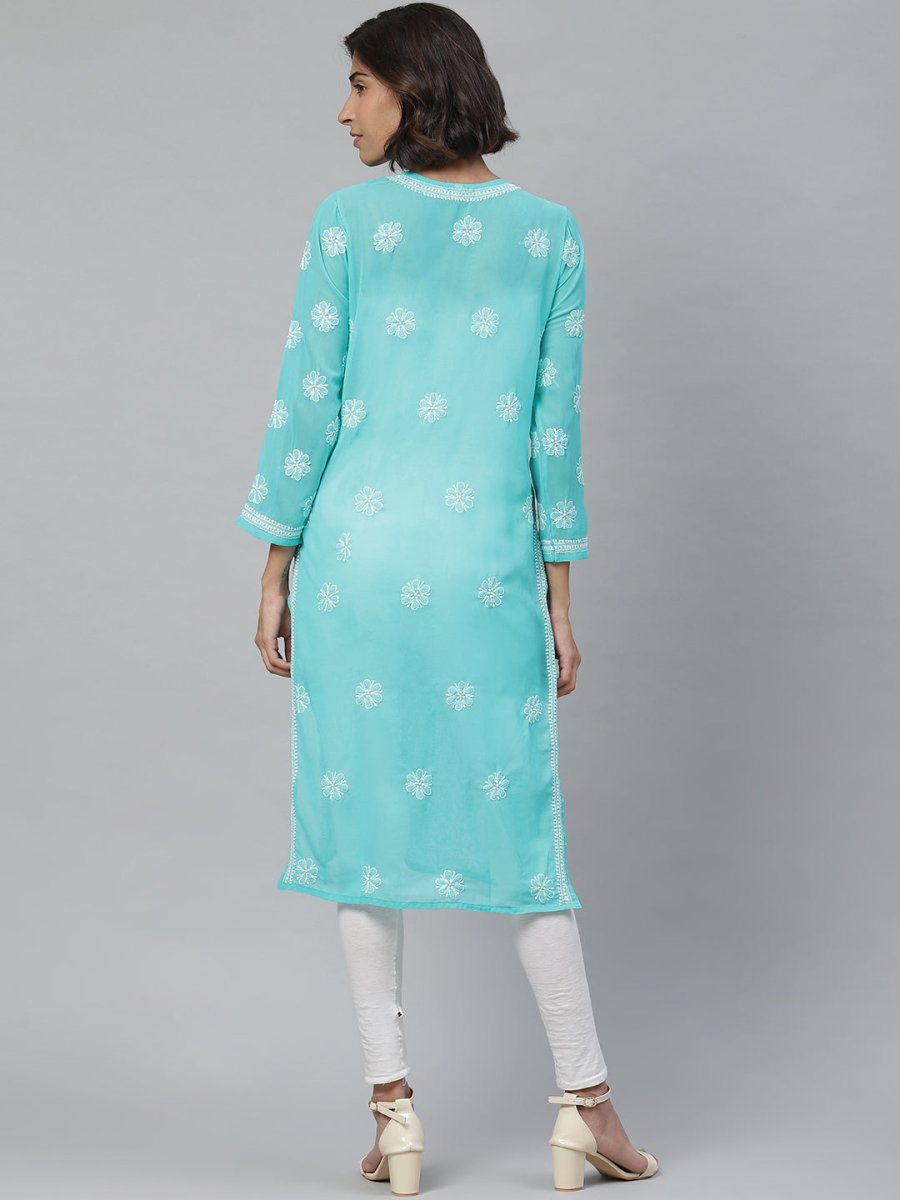 ADA Women Sea Green & White Floral Chikankari Embroidered Straight Sustainable Handloom Kurta