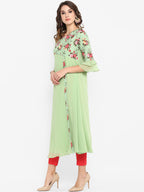Janasya Green & Pink Floral Printed A-Line Kurta - Distacart