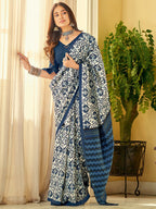 Saree Mall Off White & Blue Ethnic Motifs Dabu Saree - Distacart