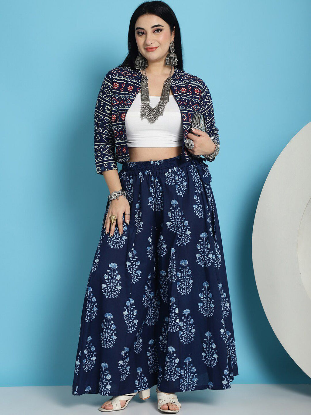 TAG 7 Plus Size Ethnic Motifs Block Printed Pure Cotton Flared Ethnic Palazzo