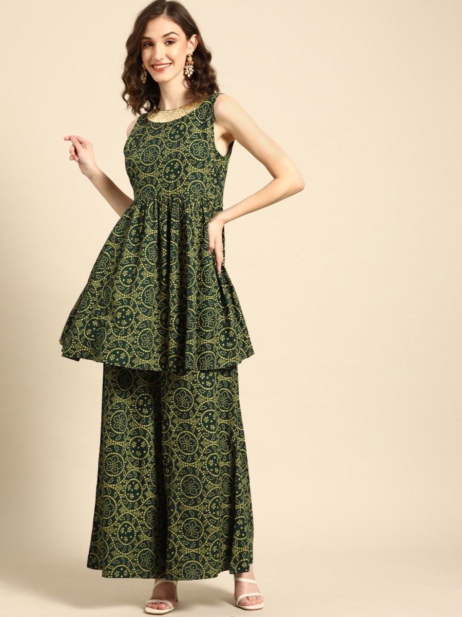 All About You Women Green Bandhani Printed Gathered Sequinned Kurti with Palazzos