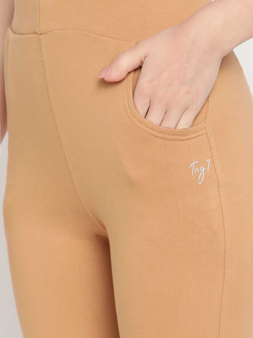 TAG 7 Women Set of 2 Beige & White Ankle Length Leggings