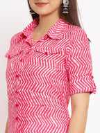 HERE&NOW Pink Shirt Collar Chevron Printed Roll Up Sleeves A-Line Kurta