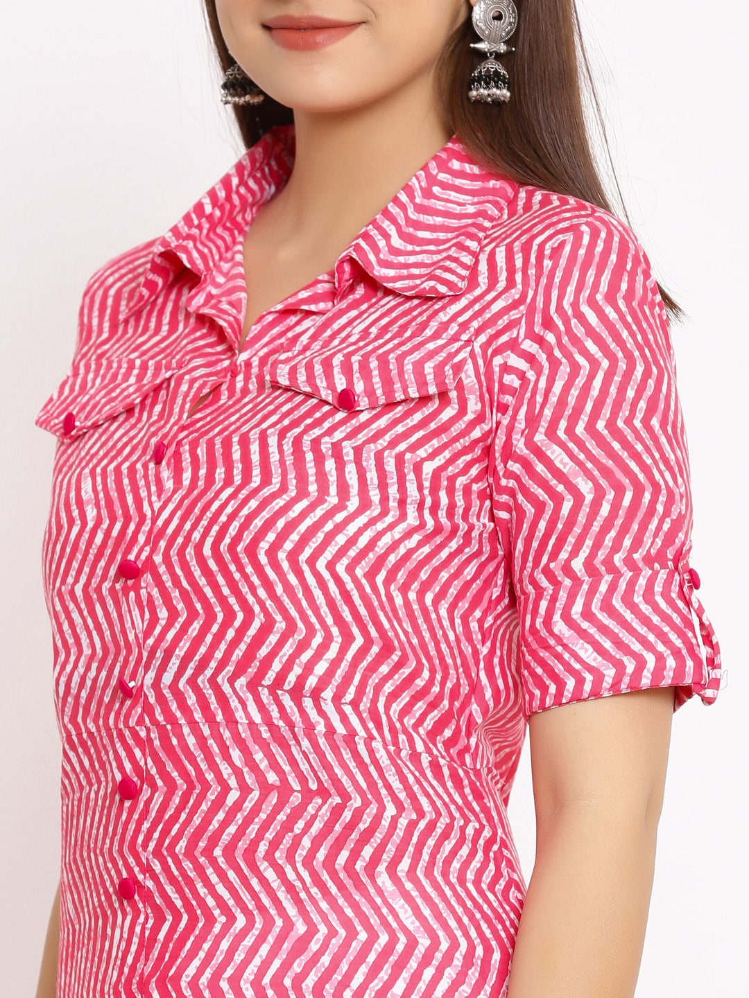 HERE&NOW Pink Shirt Collar Chevron Printed Roll Up Sleeves A-Line Kurta