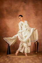 Joban Fashion Off White Yellow Hand Block Printed Cotton Suit Set - Distacart