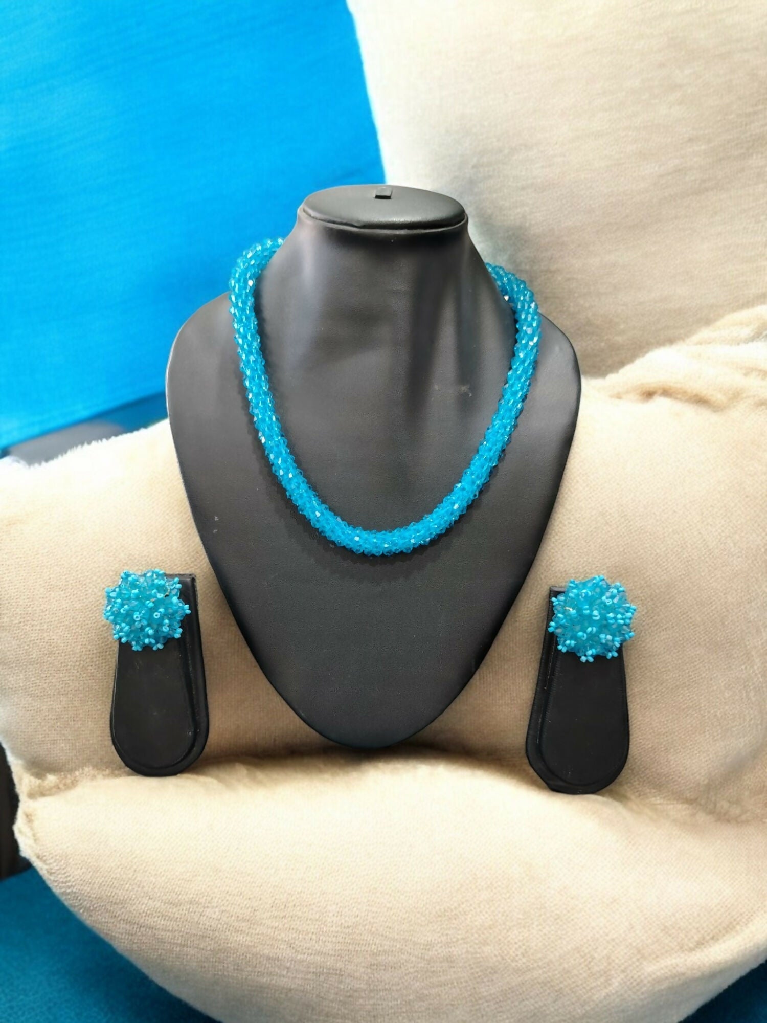 Inhanns Noor-E-Jalwa – Handmade Crystal Bead Necklace / Necklace With Earrings -Adjustable - Sky Blue
