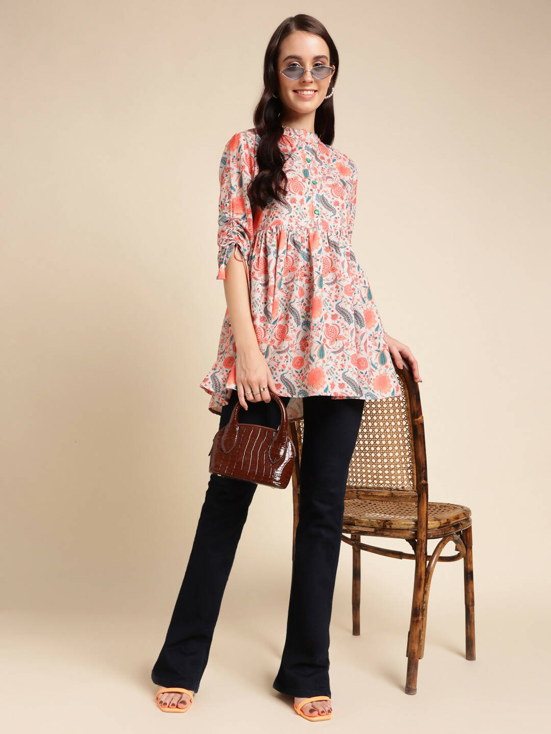 Orange Poly Rayon Digital Printed A-line Top - Tarini