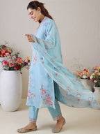 Indo Era Floral Embroidered V-Neck Thread Work Straight Kurta & Trousers & Dupatta - Distacart