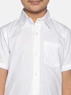 Sethukrishna Boys White & Gold Solid Pure Cotton Shirt & Veshti Set