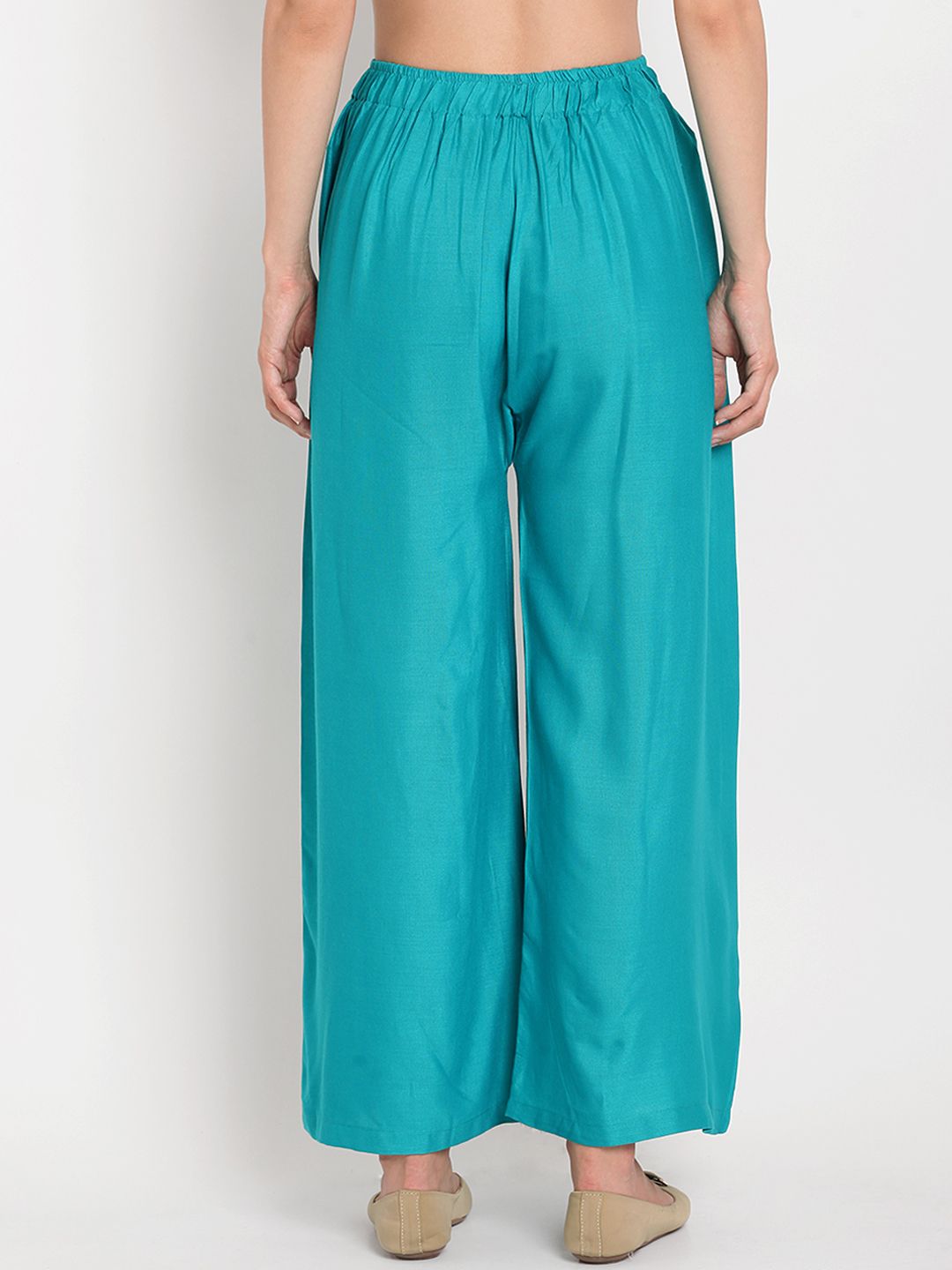 TAG 7 Women Pack Of 2 White & Teal Blue Solid Flared Palazzos