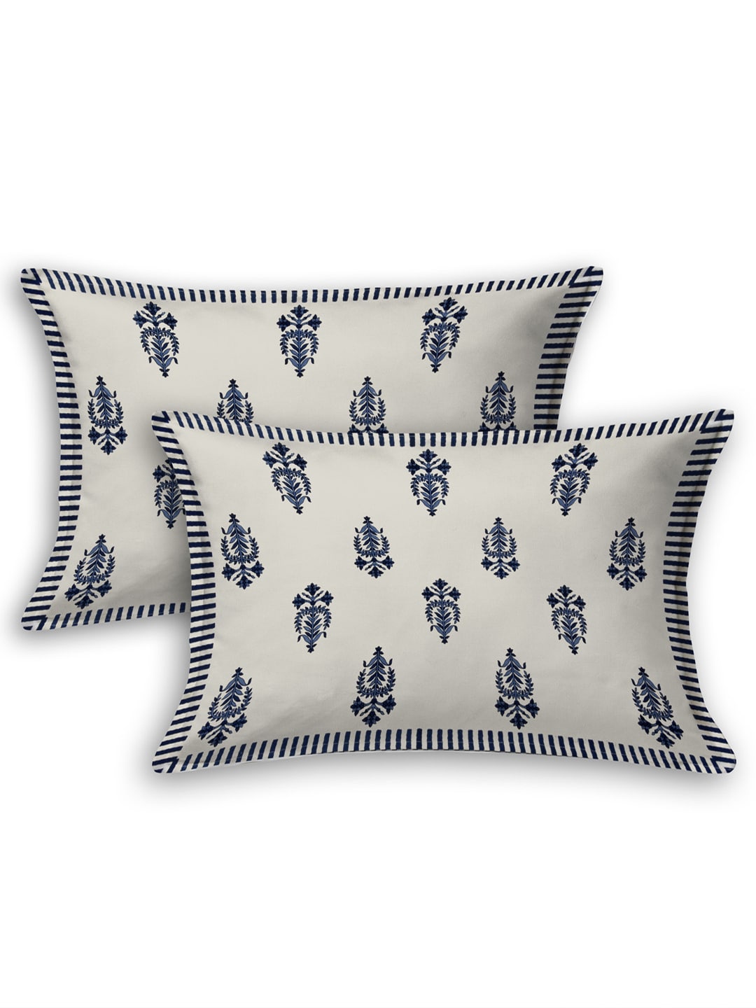 LIVING ROOTS White & Navy Blue Printed 210 TC Cotton 1 Extra Large Bedsheet with 2 Pillow Covers