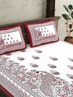 JAIPUR FABRICWhite Red Ethnic Motifs Cotton 250 TC King Bedsheet With 2 Pillow Covers - Distacart