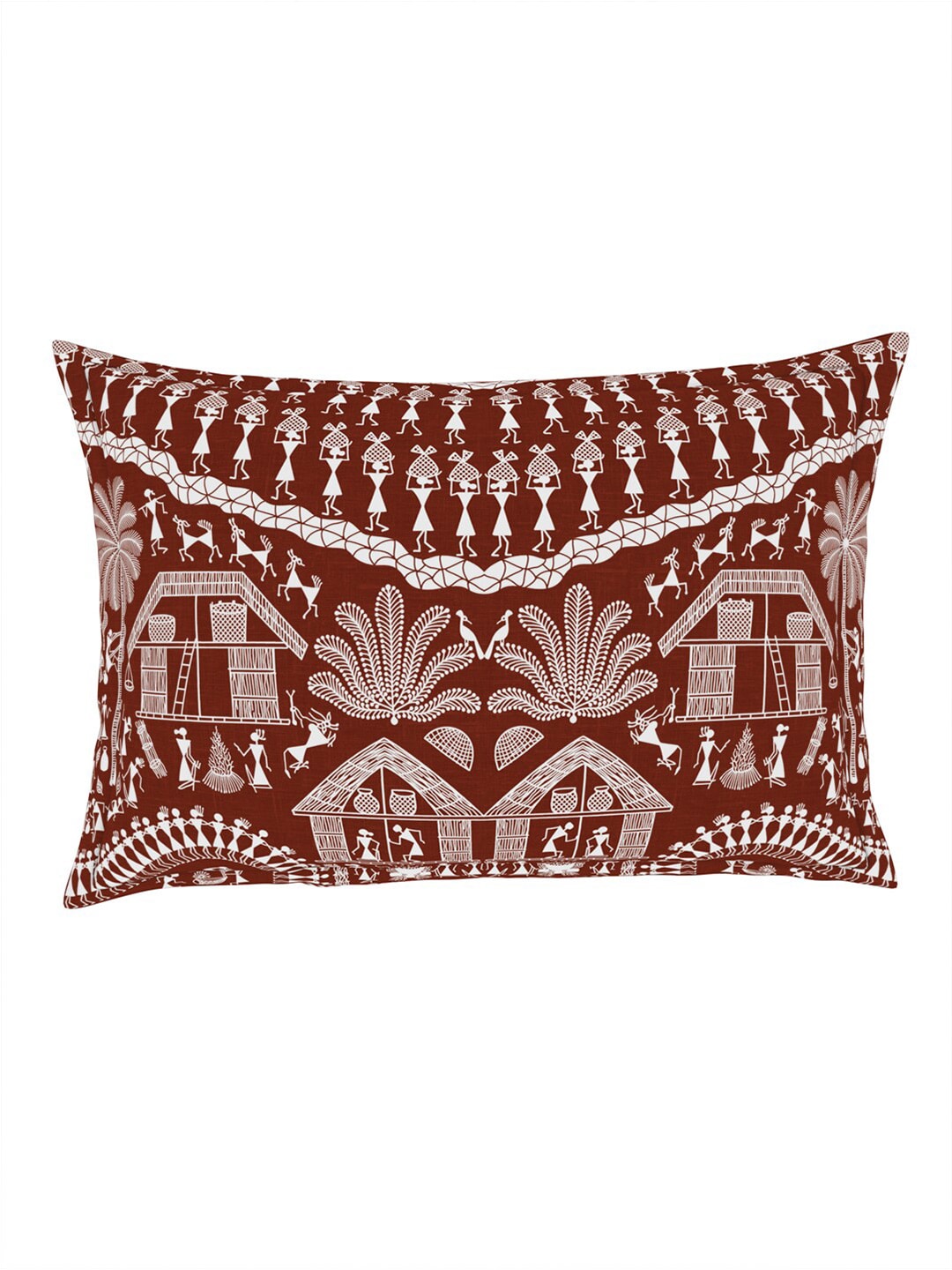 SPACES Warli Orange & White Printed Cotton 210 TC King Bedsheet with 2 Pillow Covers