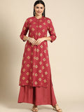 All About You Women Red Ethnic Motifs Printed Kurta with Palazzos