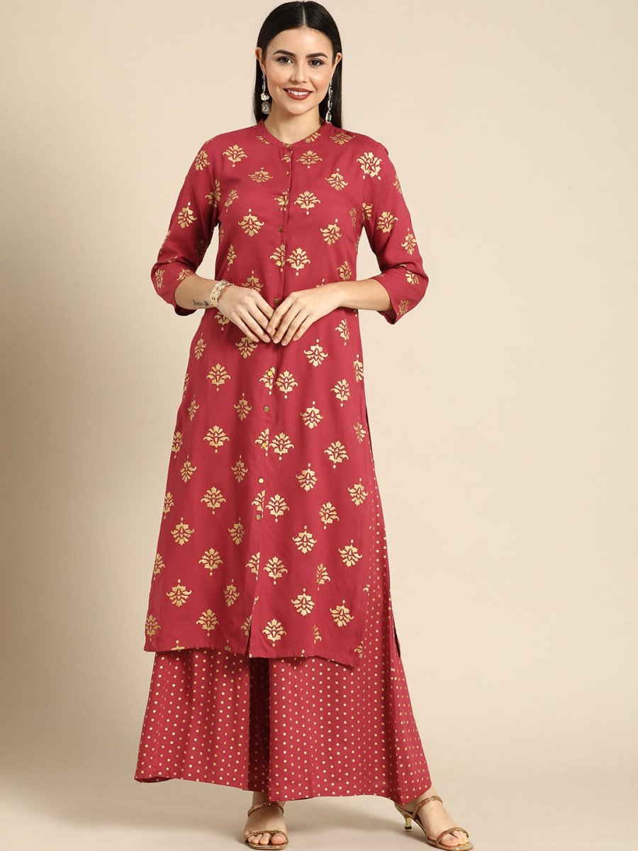 All About You Women Red Ethnic Motifs Printed Kurta with Palazzos
