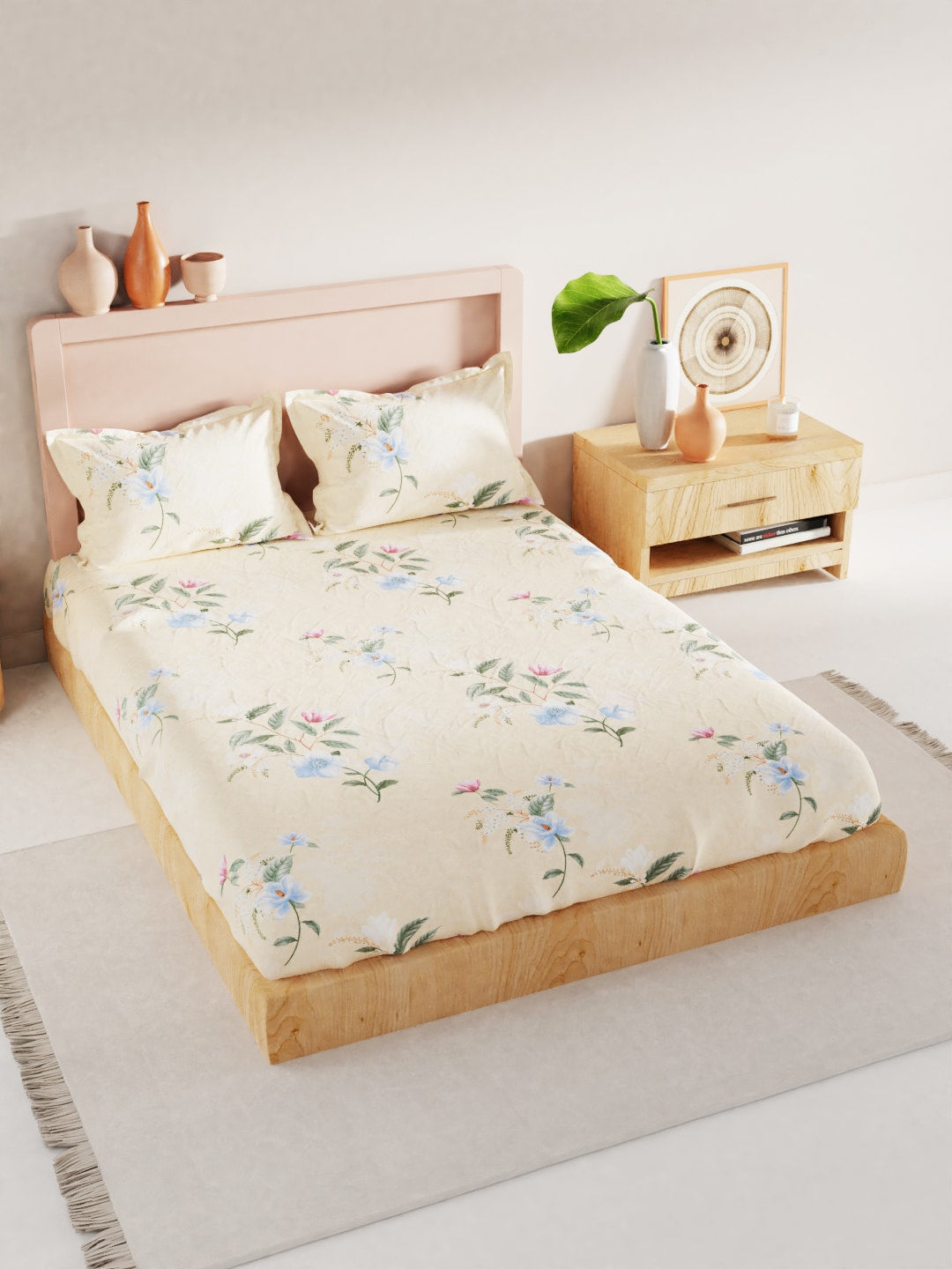 BIANCA Yellow & Blue Floral 186 TC King Bedsheet with 2 Pillow Covers