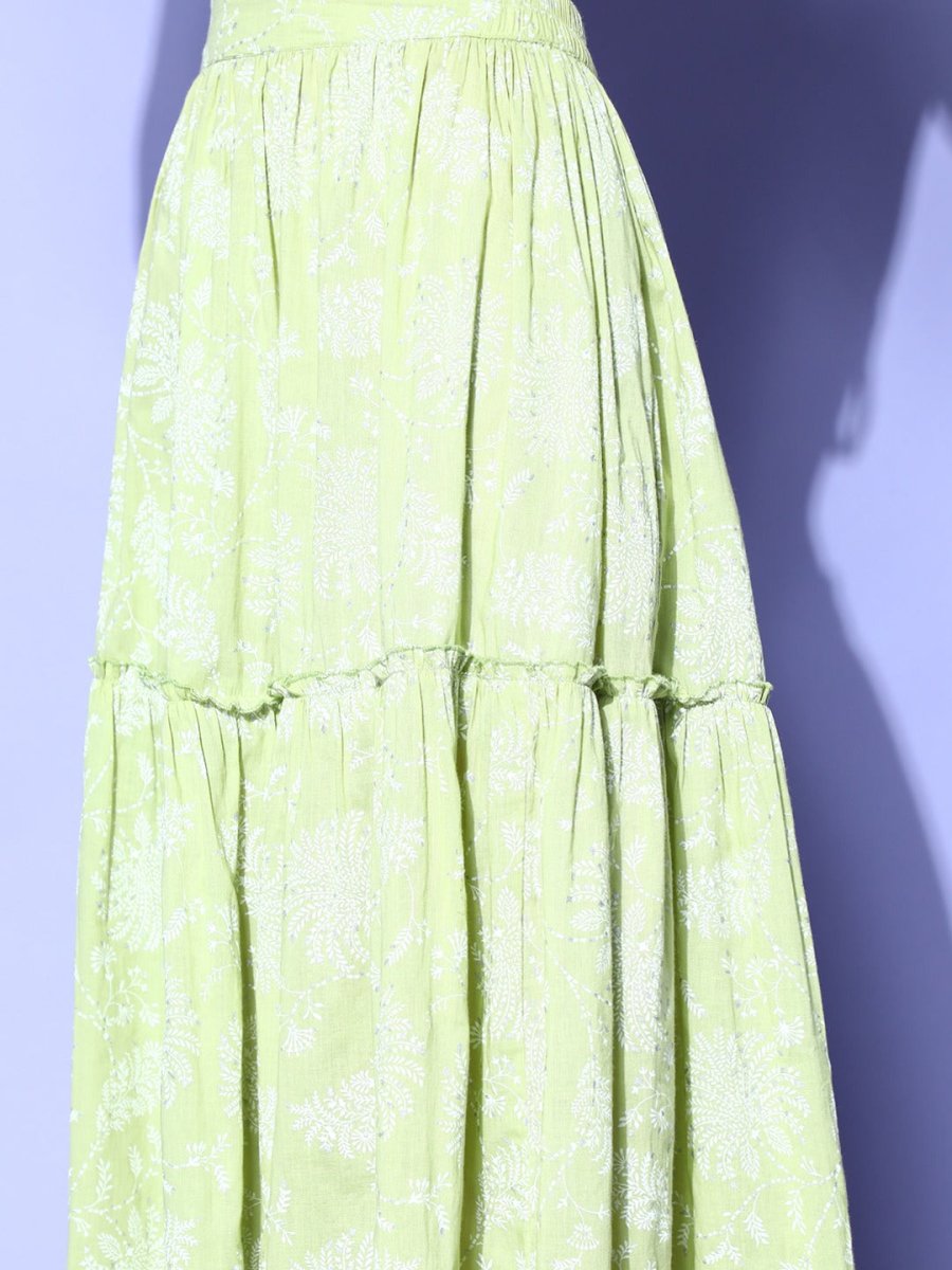 Ahalyaa Pure Cotton Green & White Printed Khari Print Ready to Wear Lehenga & Blouse With Dupatta