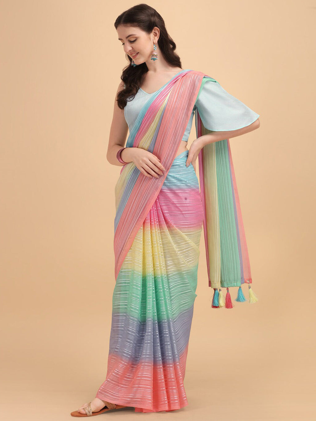 Sangria Blue & Pink Georgette Striped Zari Work Saree - Distacart