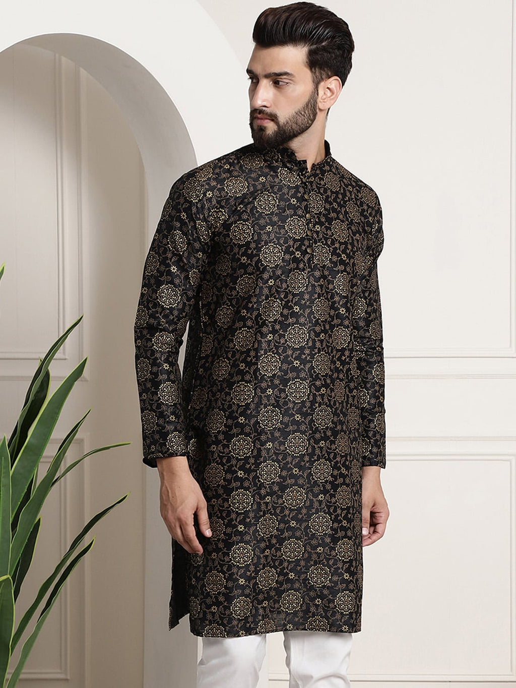 Sojanya Men Black & Brown Ethnic Motifs Printed Kurta