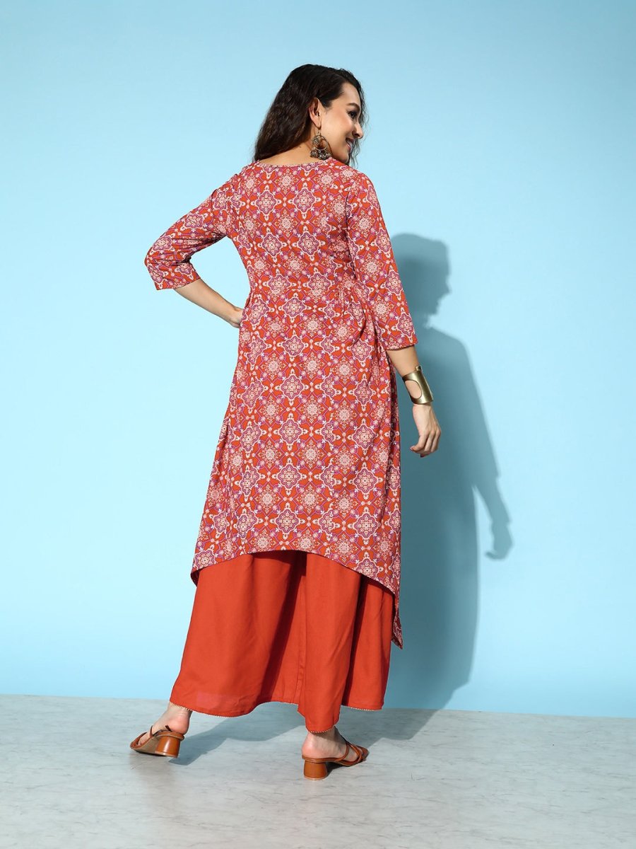 All About You Brick Red Printed Dipped Hem Veere Di Wedding A-Line Kurta with Palazzos