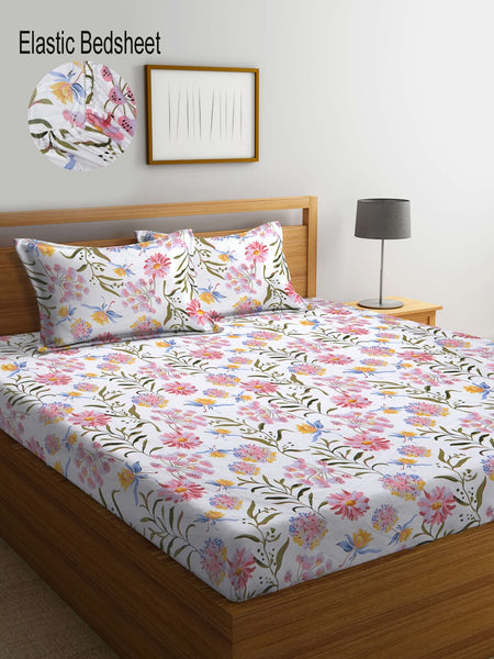 KLOTTHE Floral 300 TC Fitted Super King Bedsheet with 2 Pillow Covers