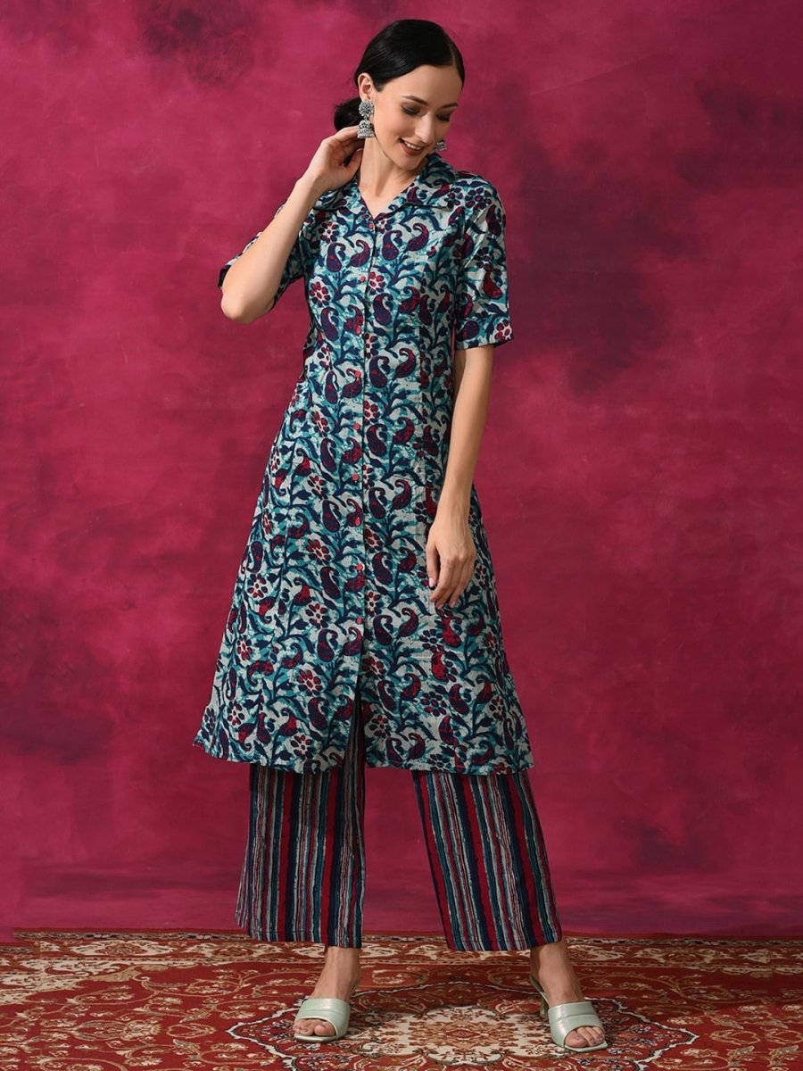 Aks Ethnic Motifs Printed Pure Cotton A-line Kurta with Palazzos