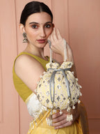Masq Women Yellow & Grey Embellished Embroidered Potli Clutch - Distacart