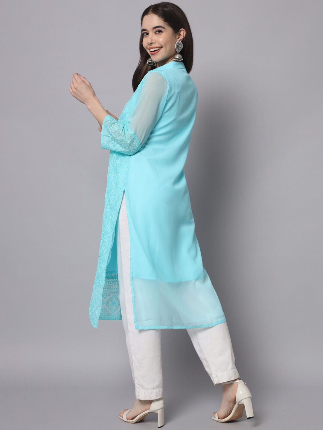 HERE&NOW Women Blue Ethnic Motifs Embroidered Thread Work Georgette Kurta
