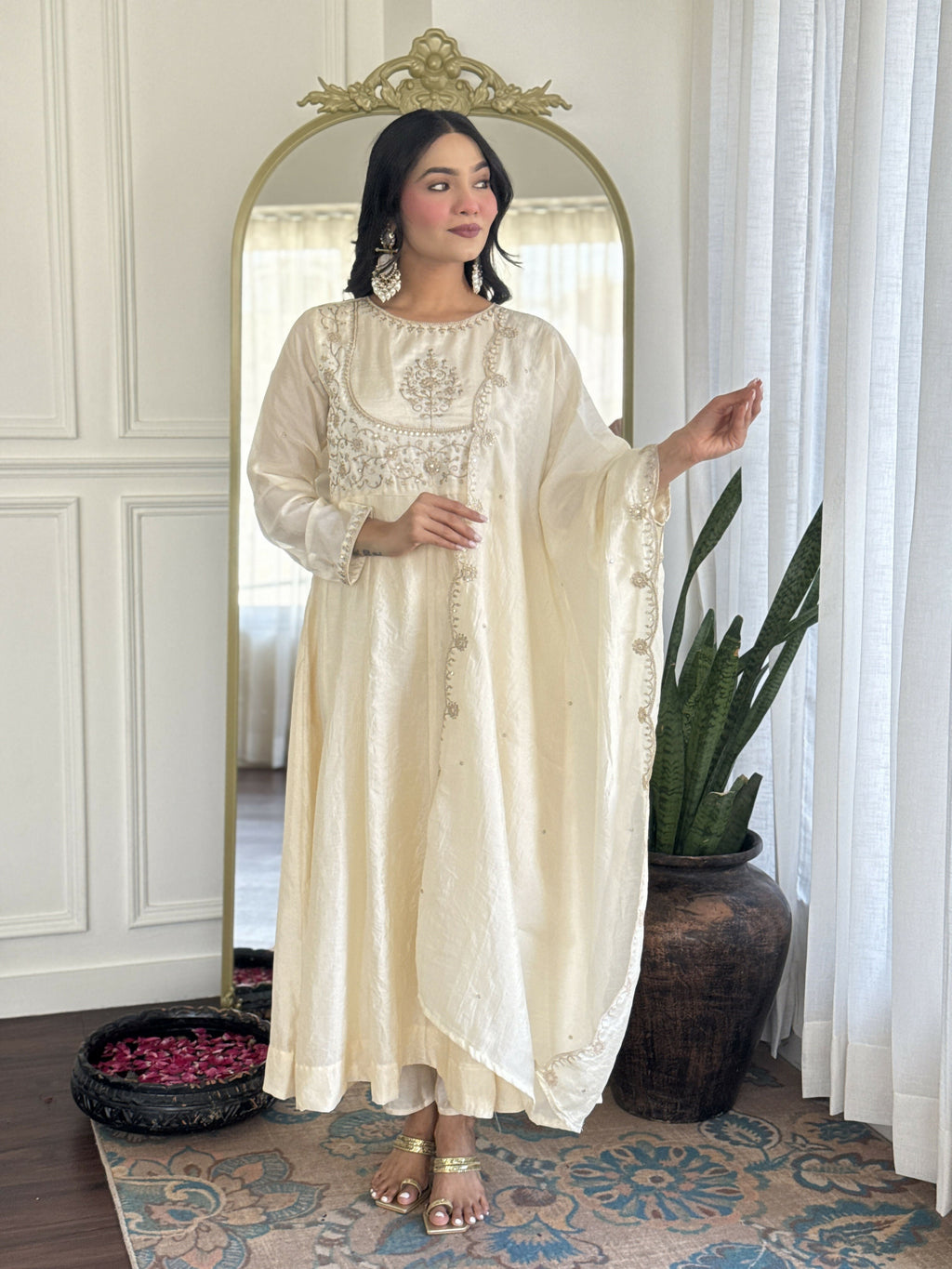 The52 CreamWomen's Gorgeous Embroidered Vichitra Silk Fabric Flared Kurta Pant with Dupatta Set - Distacart