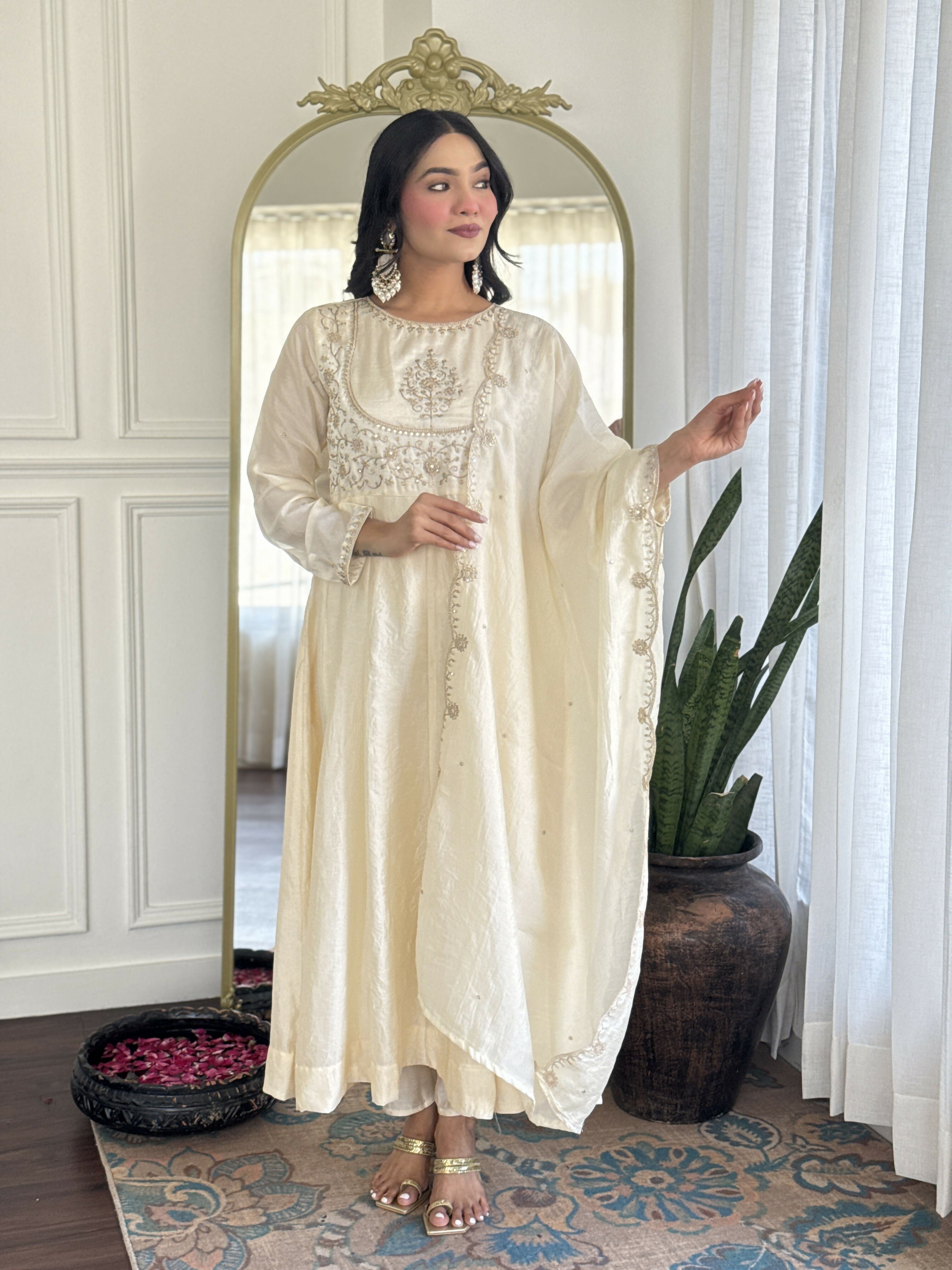 The52 CreamWomen's Gorgeous Embroidered Vichitra Silk Fabric Flared Kurta Pant with Dupatta Set - Distacart
