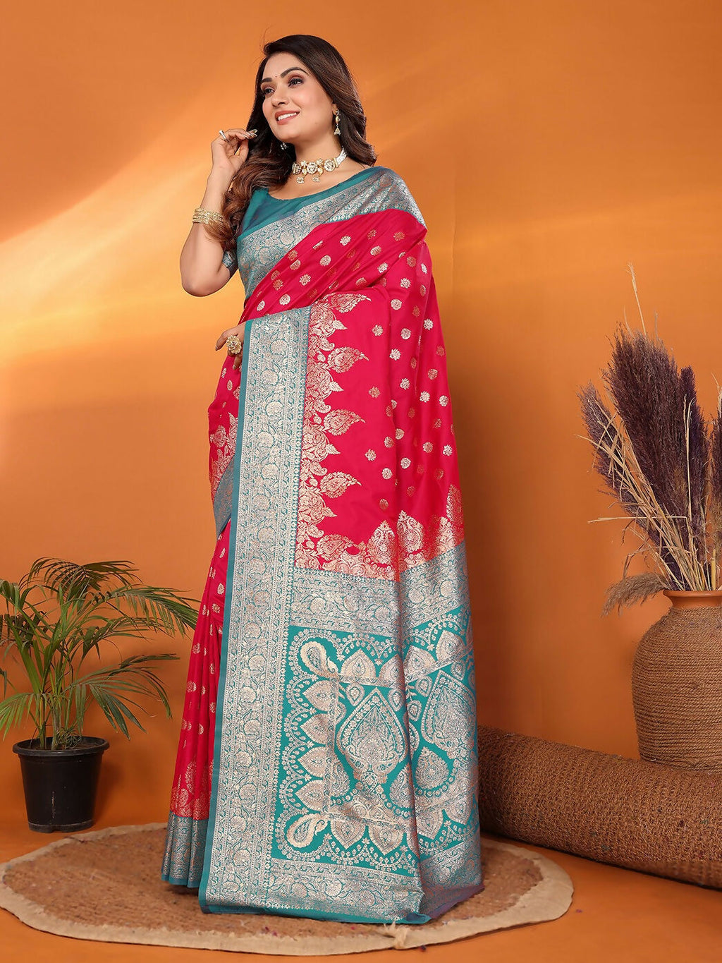 Joban Fashion Banarasi Hot Pink Woven Soft Silk Saree - Distacart