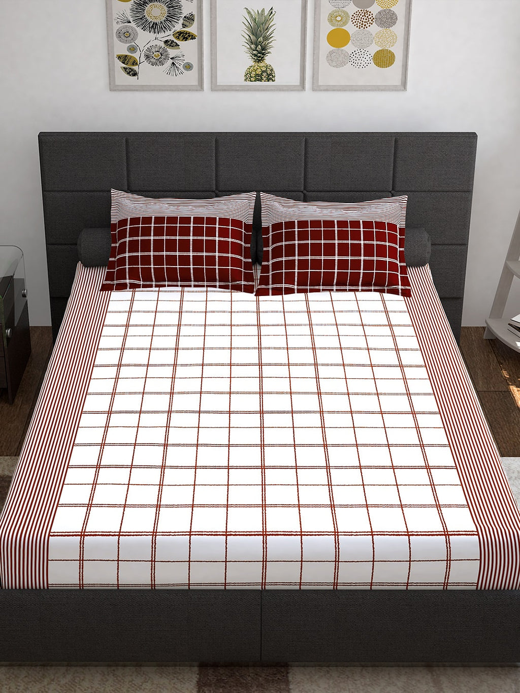 Story@home Maroon & White Geometric 152 TC Queen Bedsheet with 2 Pillow Covers