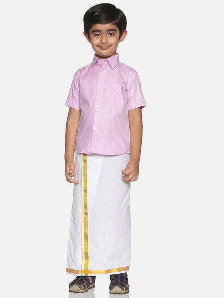 Sethukrishna Pink & White Solid Shirt and Veshti Set For Boys