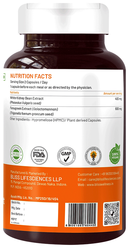 Bliss Welness Sugar Management Fenugreek White Kidney Bean Extract Veg Capsule