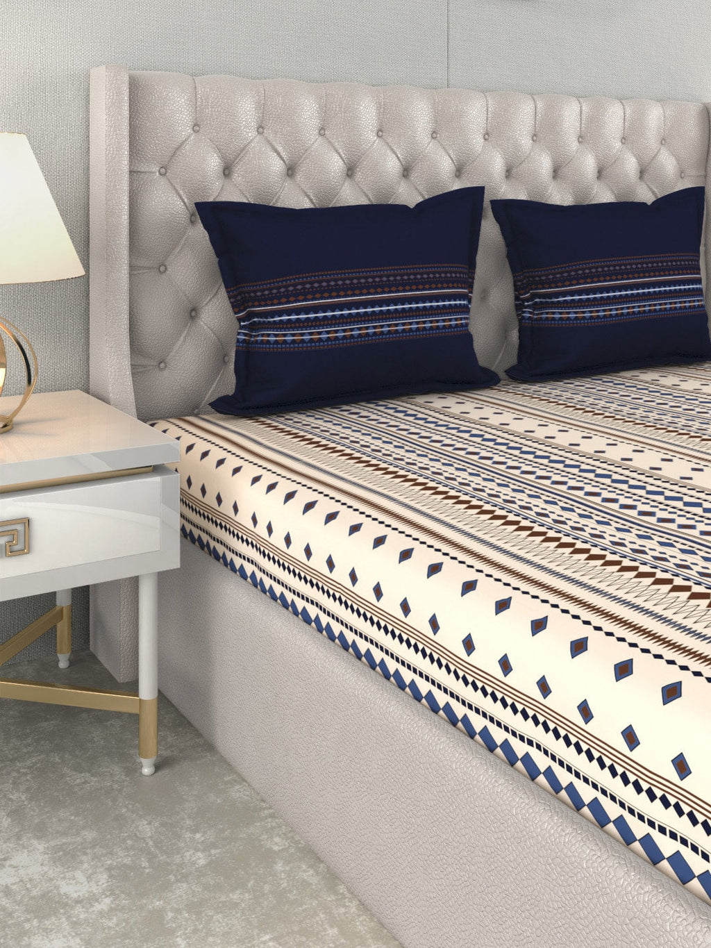MYTRIDENT Multicoloured Blue Geometric 120 TC Cotton 1 Queen Bedsheet with 2 Pillow Covers