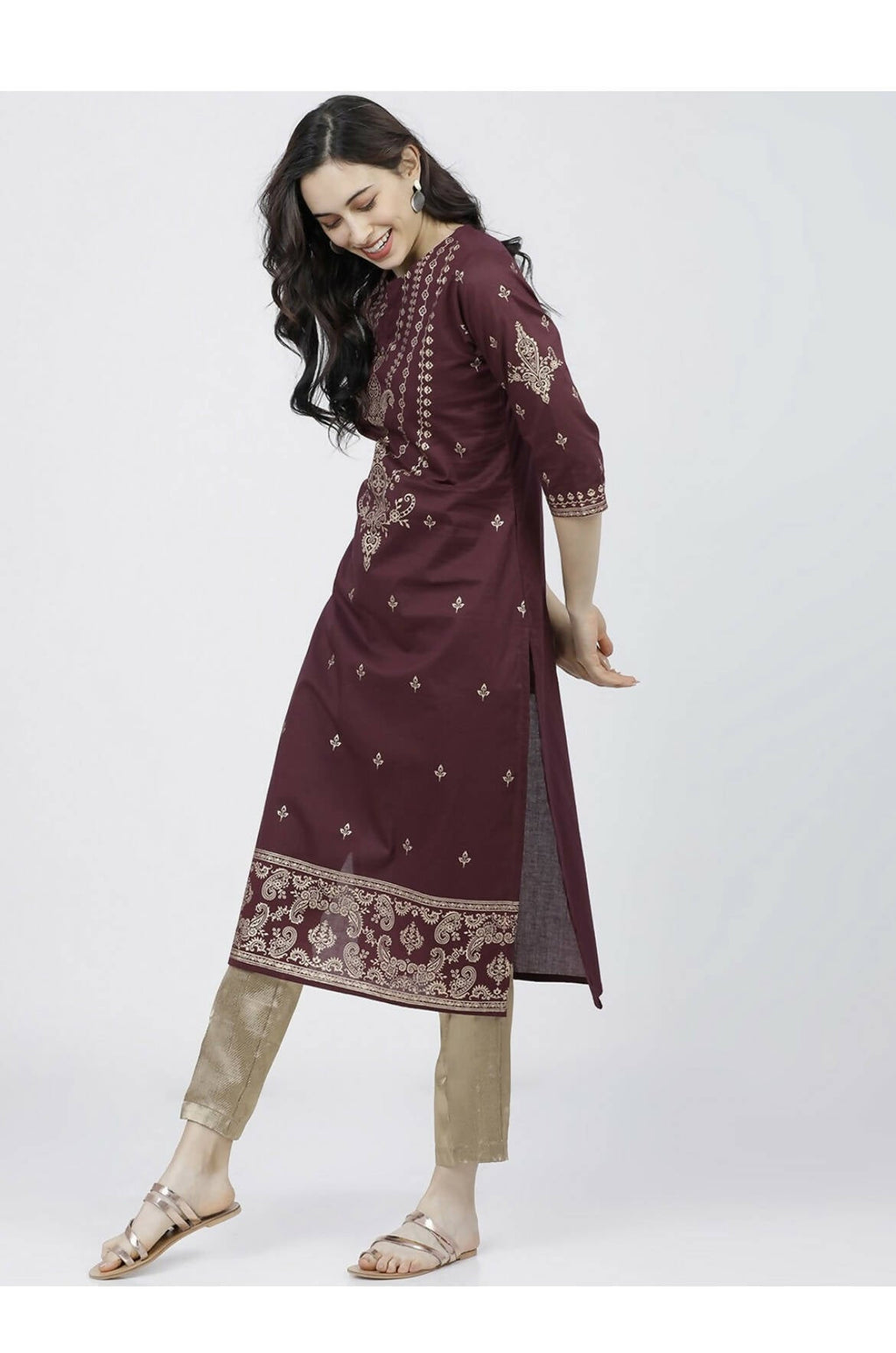 Cheera Embellished Daily Wear Cotton Blend Kurta - Dark Brown