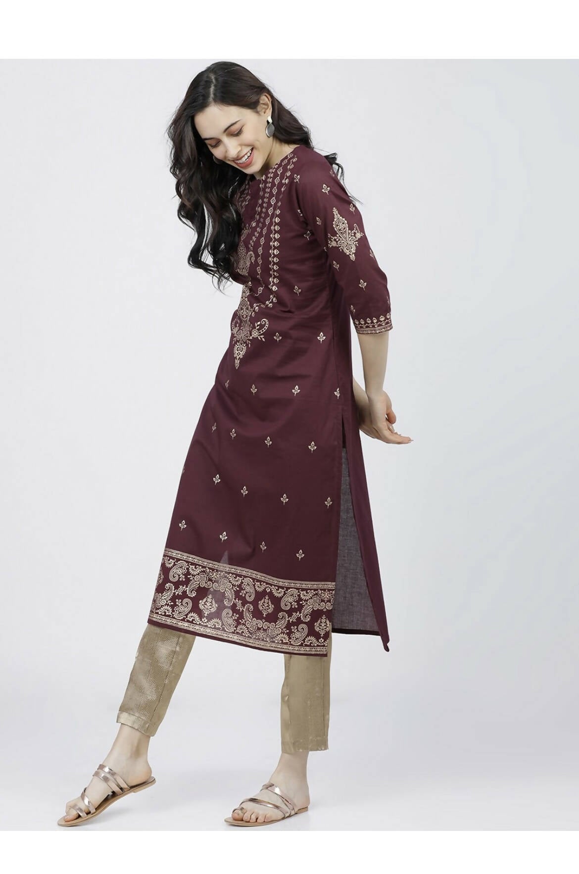 Cheera Embellished Daily Wear Cotton Blend Kurta - Dark Brown