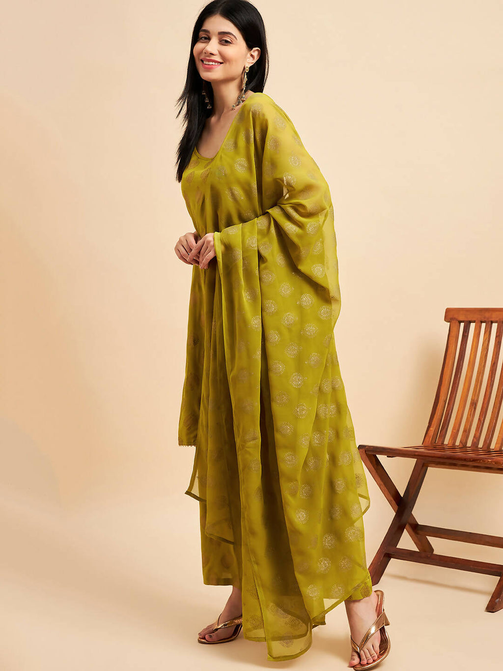 Lime Green & Golden Ethnic Motifs Print Kurta with Palazzo & Dupatta - Vishwa