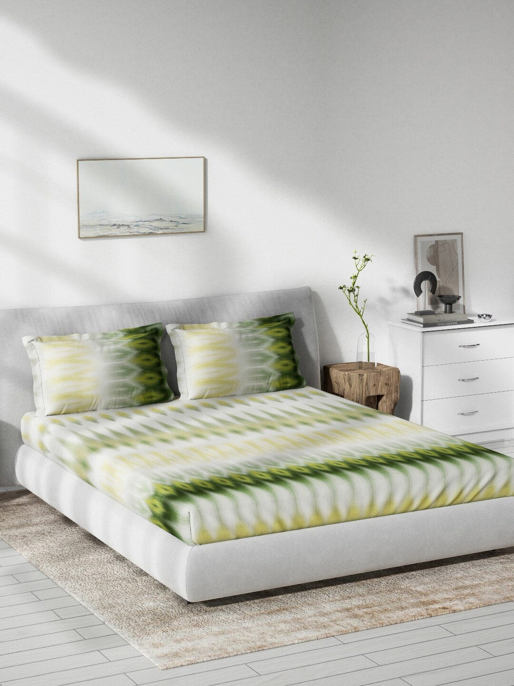 DDecor Green & White Ethnic Motifs 140 TC Cotton Queen Bedsheet with 2 Pillow Covers