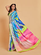 Sangria White & Blue Satin Saree - Distacart