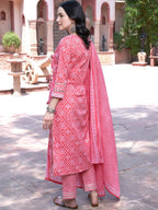 Sangria Pink Bandhani Printed Pure Cotton Angrakha Kurta With Trousers & Dupatta