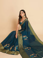 Sangria Green & Gold-Toned Embellished Pure Chiffon Saree - Distacart