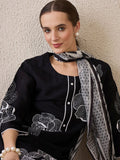 Indo Era Floral Embroidered Round Neck Sequinned Linen Kurta With Trousers & Dupatta - Distacart