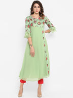 Janasya Green & Pink Floral Printed A-Line Kurta - Distacart